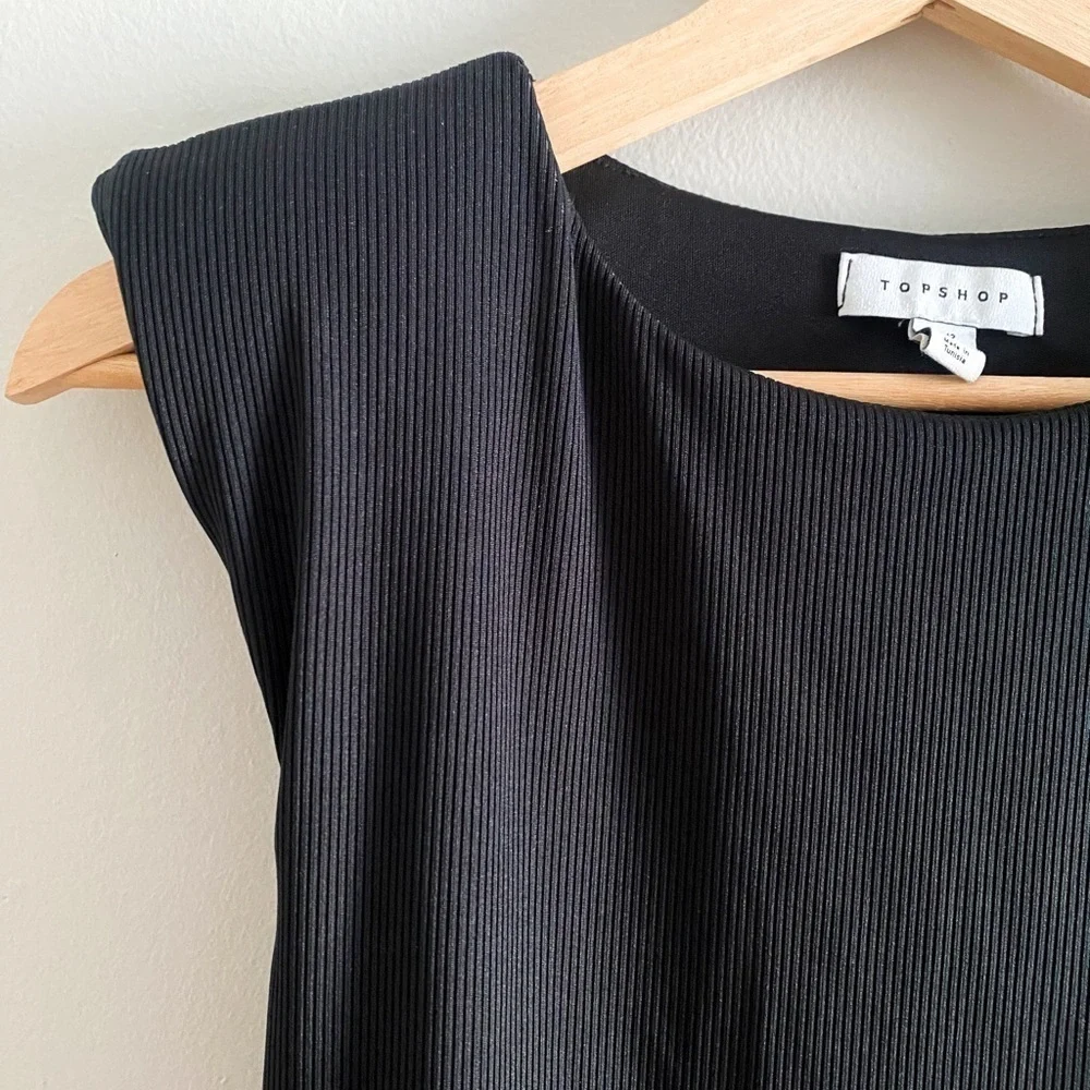 Topshop | Ruched Shoulder Pad Black Sleeveless Dress | Size 8 - Picture 6 of 11